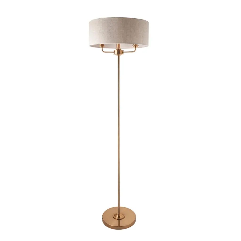 Highclere 3 Light Floor Lamp in Brass C/W Natural Shade