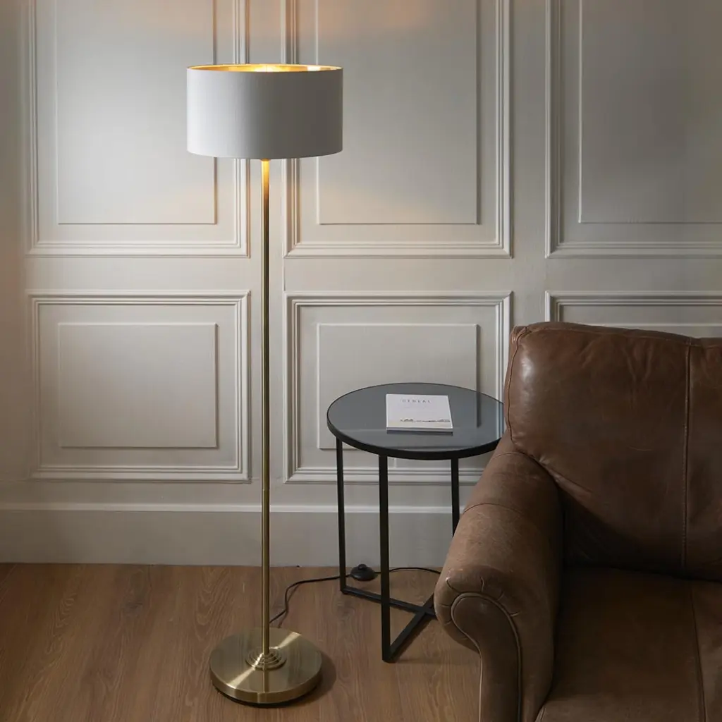Highclere Single Floor Lamp in Antique Brass C/W White Shade & Gold Inner