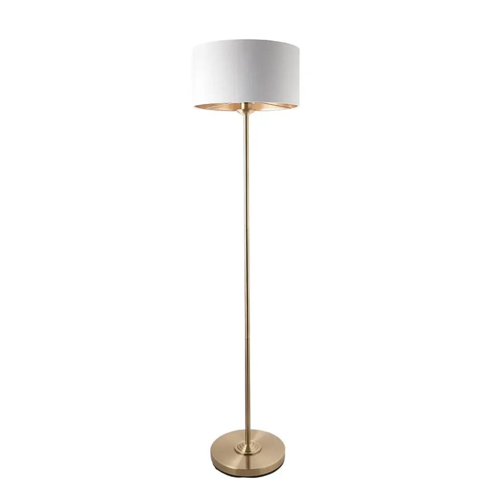 Highclere Single Floor Lamp in Antique Brass C/W White Shade & Gold Inner