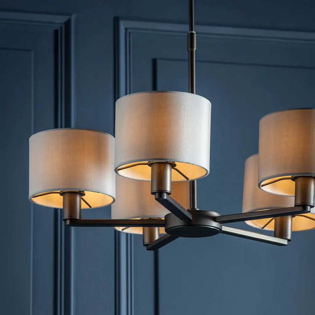 Daley 5 Light Multi Arm Pendant in Bronze C/W Marble Shades