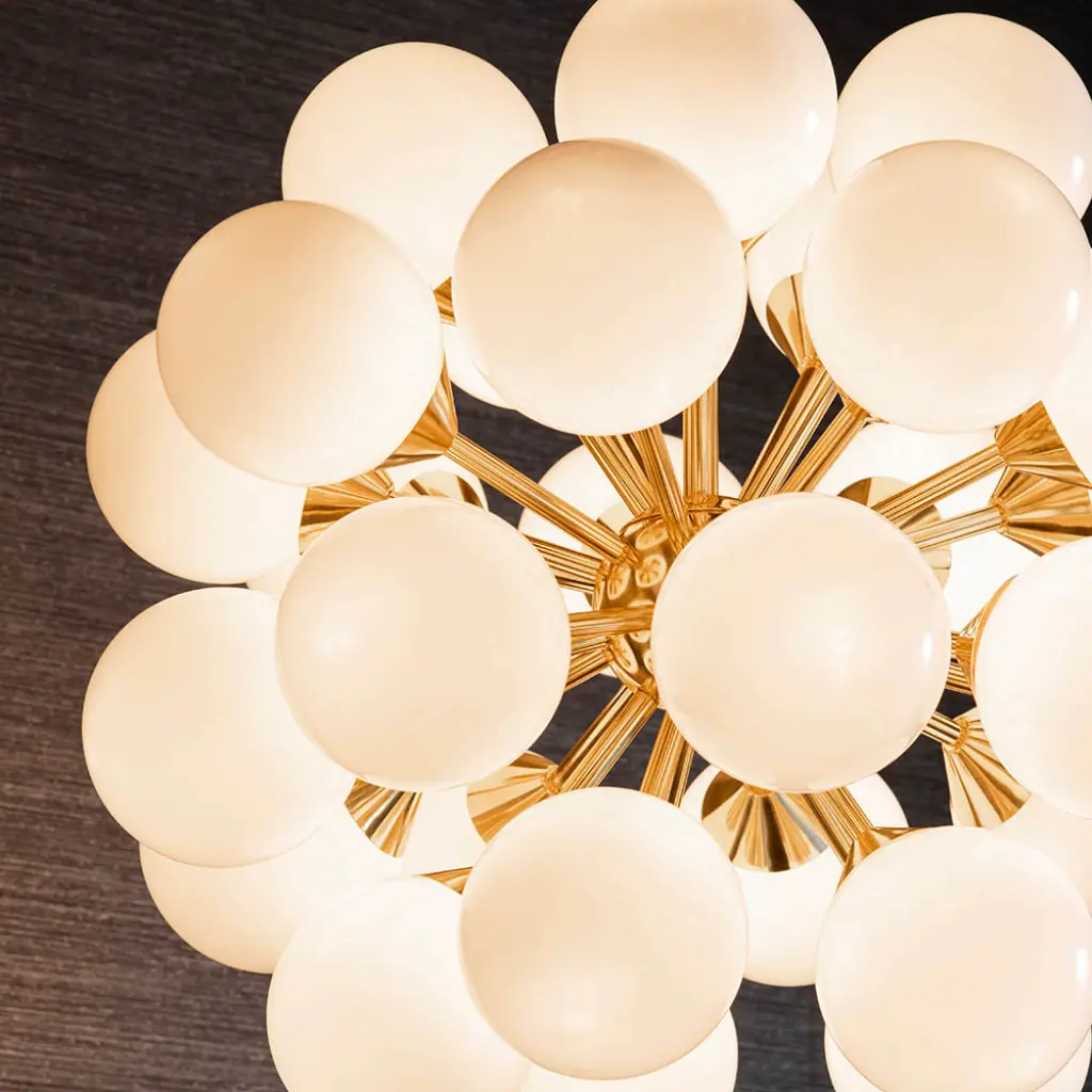 Oscar 28 Light Pendant in Brushed Brass with Gloss White Glass