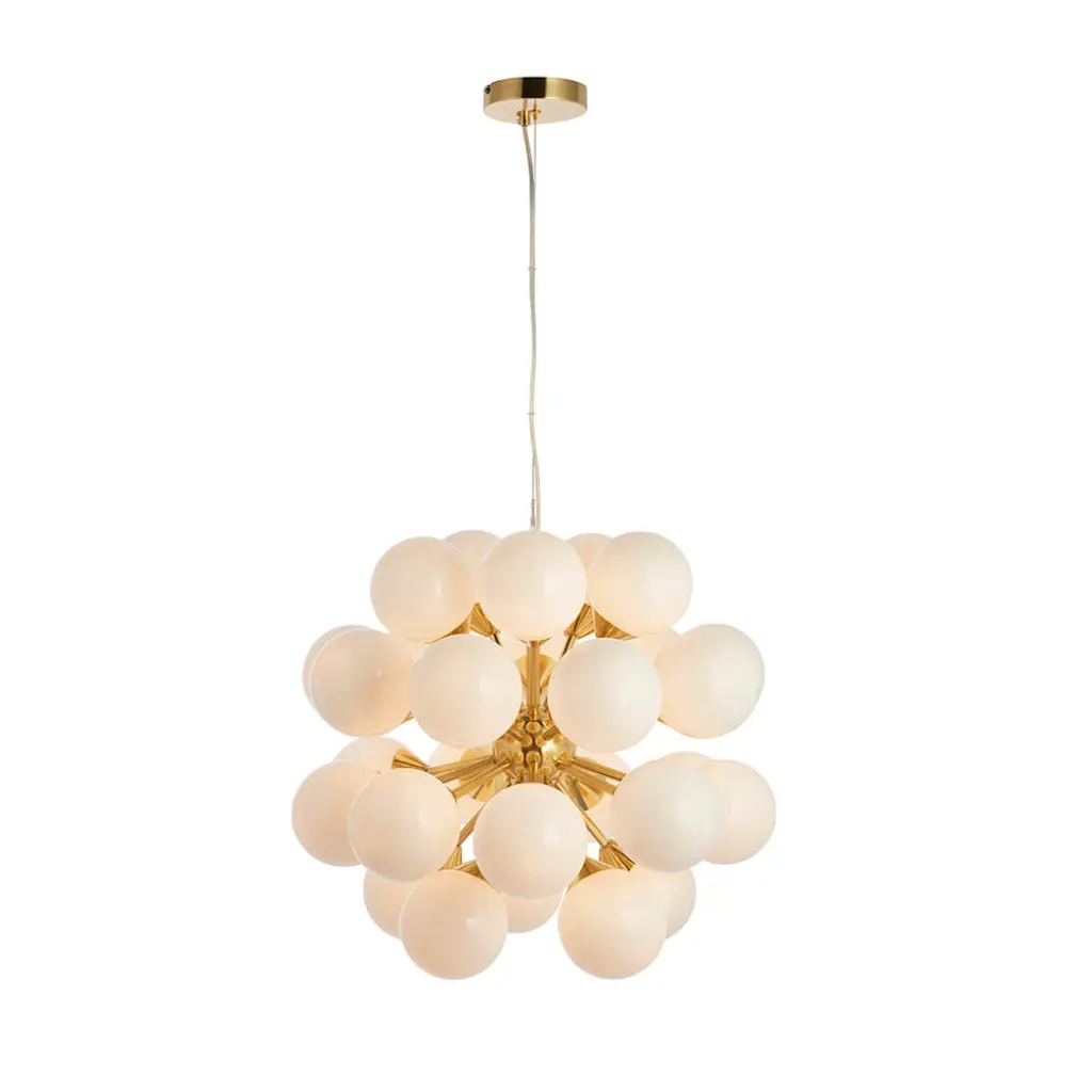 Oscar 28 Light Pendant in Brushed Brass with Gloss White Glass