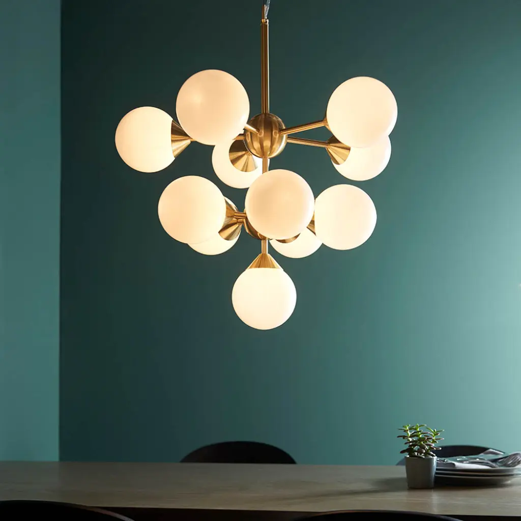 Oscar 11 Light Pendant in Brushed Brass with Gloss White Glass