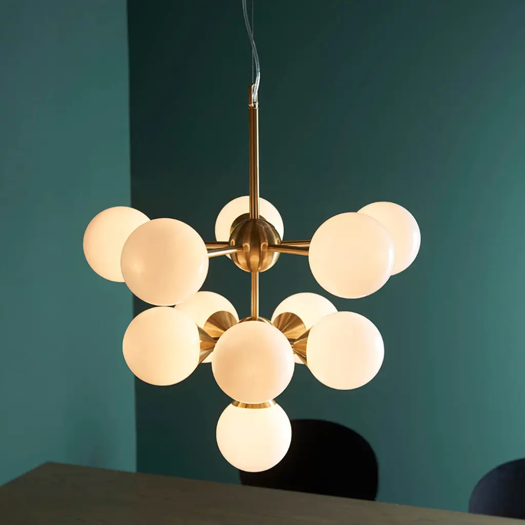 Oscar 11 Light Pendant in Brushed Brass with Gloss White Glass