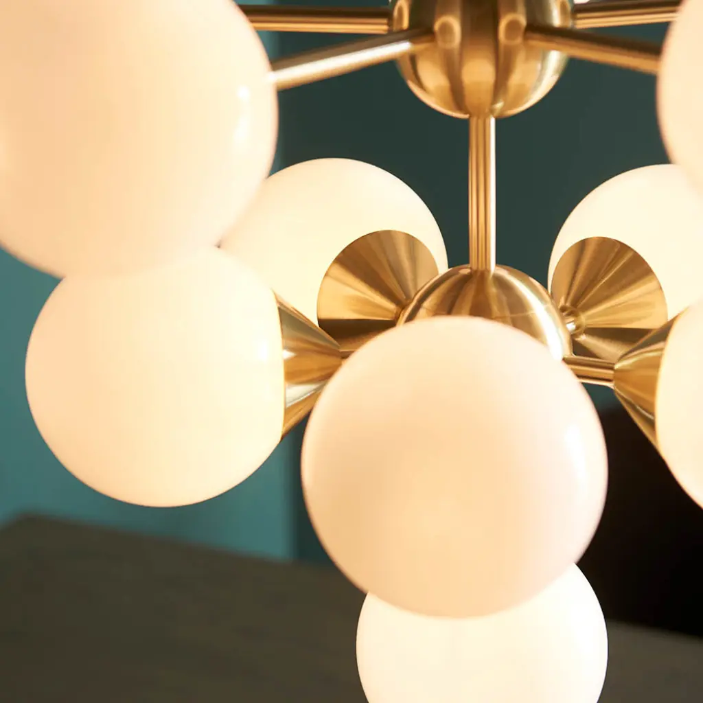Oscar 11 Light Pendant in Brushed Brass with Gloss White Glass