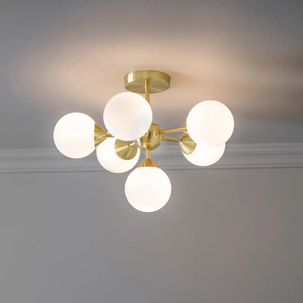Oscar 6 Light Semi Flush in Brushed Brass with Gloss White Glass