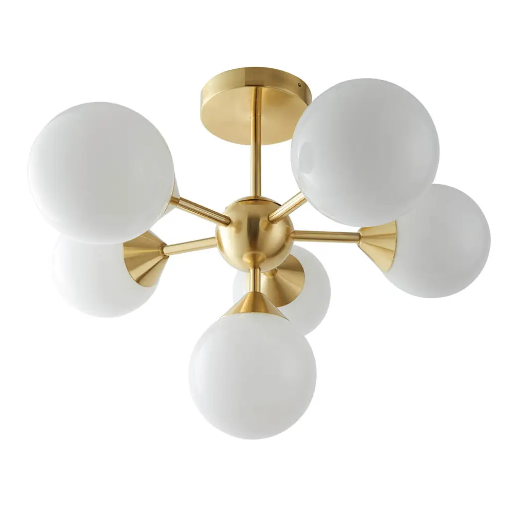 Oscar 6 Light Semi Flush in Brushed Brass with Gloss White Glass