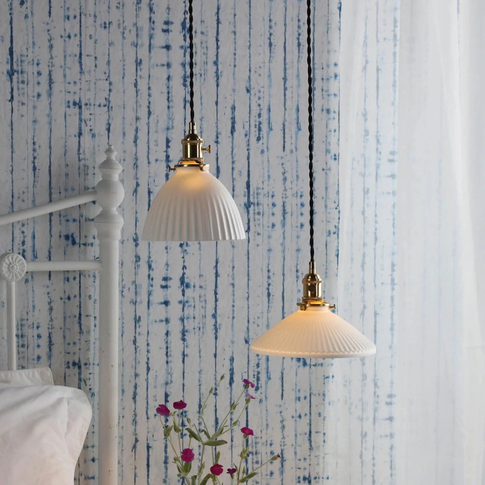 Hadano Natural Brass Pendant with Domed Ceramic Shade