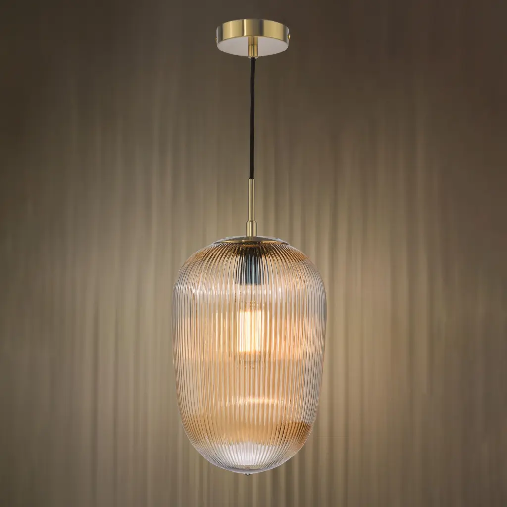 Abrielle Single Pendant in Bronze C/W Amber Ribbed Glass