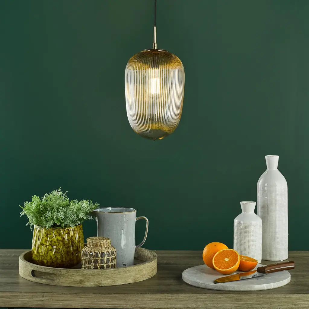 Abrielle Single Pendant in Bronze C/W Amber Ribbed Glass