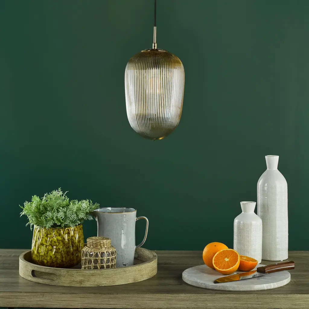 Abrielle Single Pendant in Bronze C/W Amber Ribbed Glass