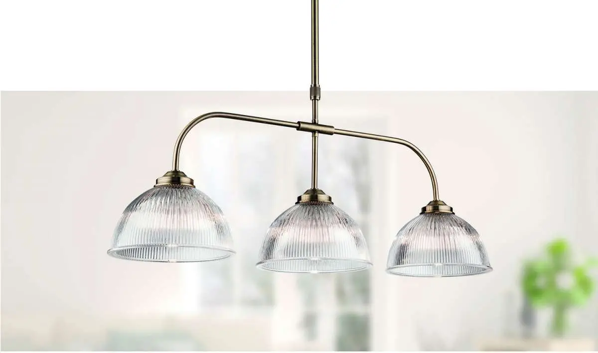 Ashford 3 Light Billiard Fitting in Antique Brass with Ribbed Glass