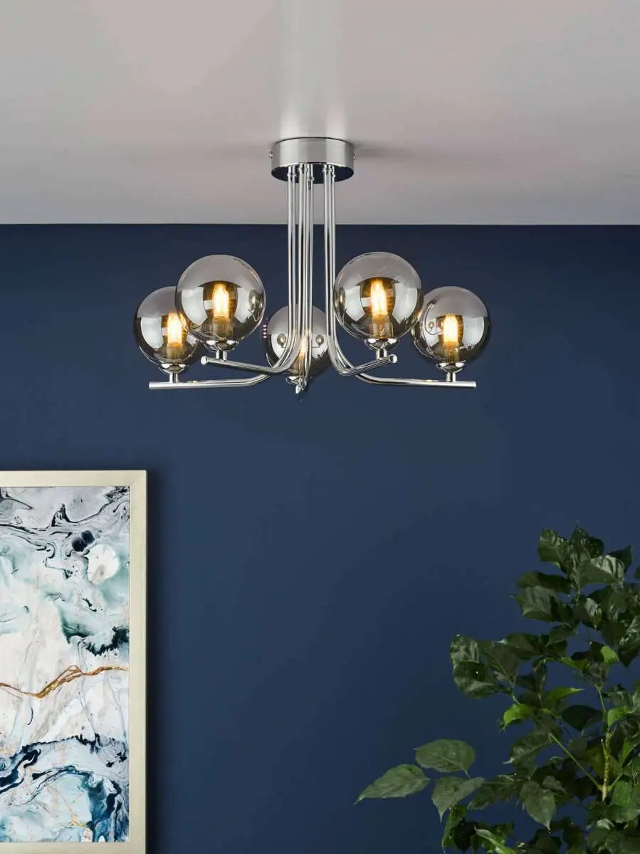 Cradle 5 Light Polished Chrome Semi Flush with Smoked Glass