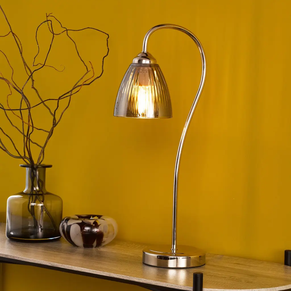 Glynis Polished Nickel Table Lamp with Smoked Ribbed Glass