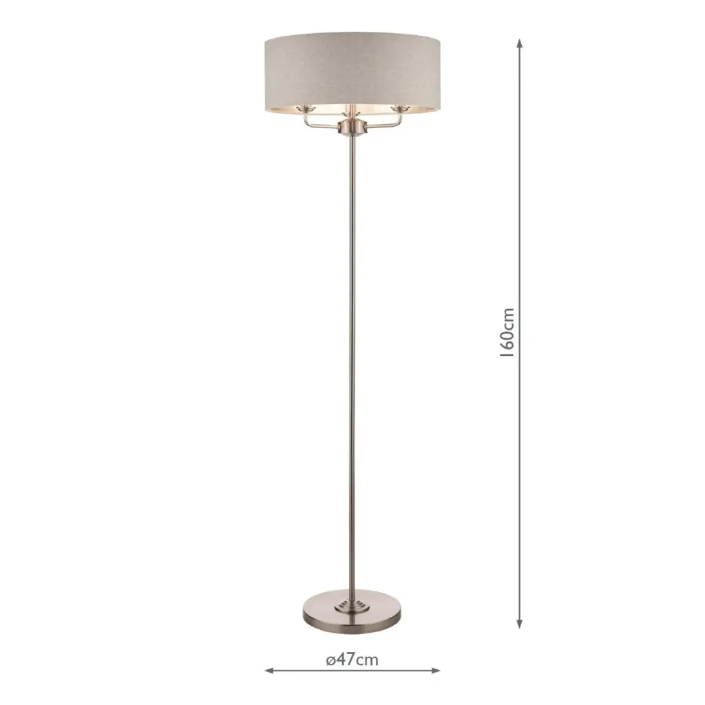 Sorrento 3 Light Floor Lamp Satin Nickel With Natural Shade