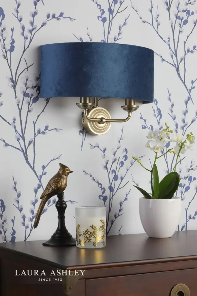 Sorrento 2 Light Wall Light Matt Antique Brass & Blue Shade