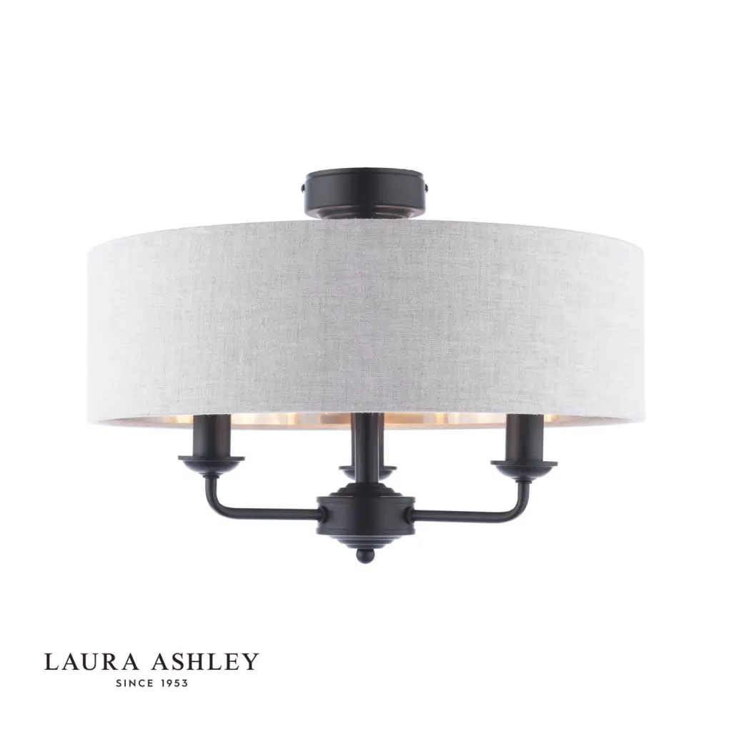 Sorrento Matt Black Semi Flush Light C/W Natural Shade