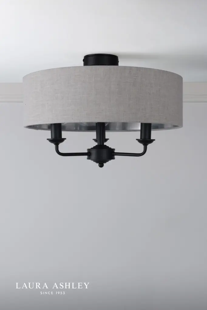 Sorrento Matt Black Semi Flush Light C/W Natural Shade