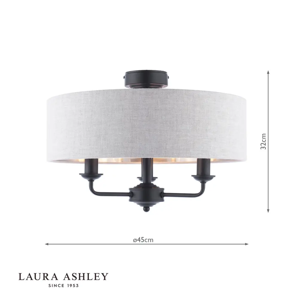 Sorrento Matt Black Semi Flush Light C/W Natural Shade