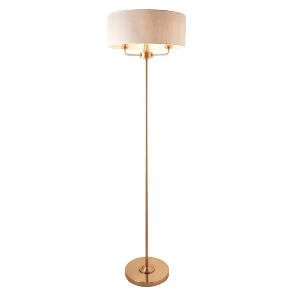 Highclere 3 Light Floor Lamp in Brass C/W Natural Shade