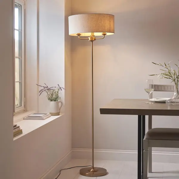 Highclere 3 Light Floor Lamp in Brass C/W Natural Shade