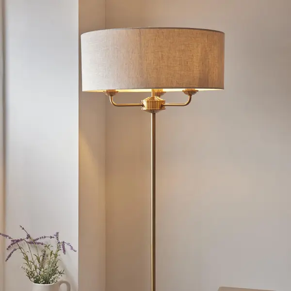 Highclere 3 Light Floor Lamp in Brass C/W Natural Shade