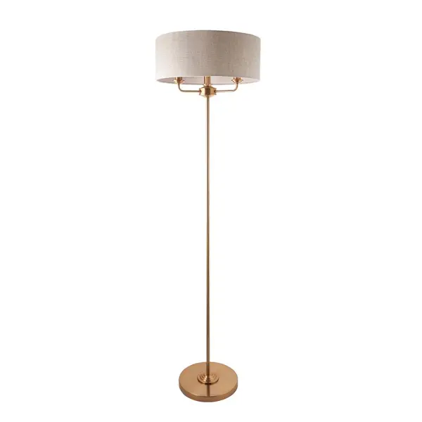 Highclere 3 Light Floor Lamp in Brass C/W Natural Shade
