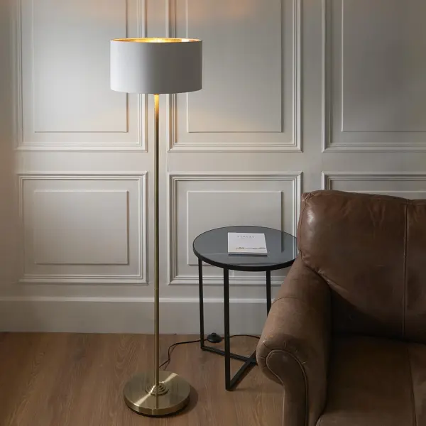 Highclere Single Floor Lamp in Antique Brass C/W White Shade & Gold Inner