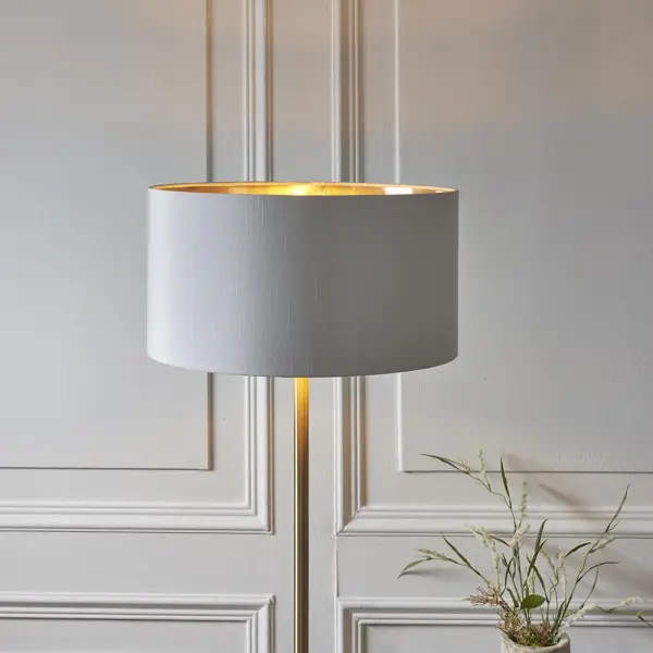 Highclere Single Floor Lamp in Antique Brass C/W White Shade & Gold Inner