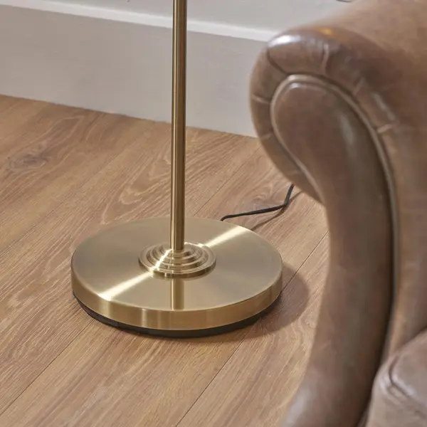 Highclere Single Floor Lamp in Antique Brass C/W White Shade & Gold Inner