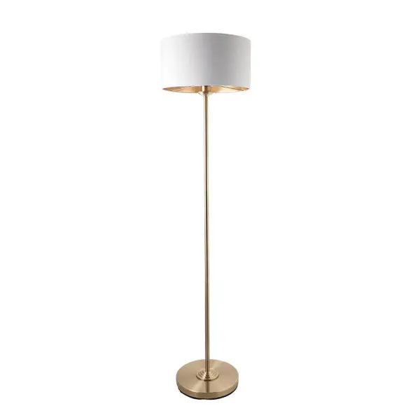 Highclere Single Floor Lamp in Antique Brass C/W White Shade & Gold Inner
