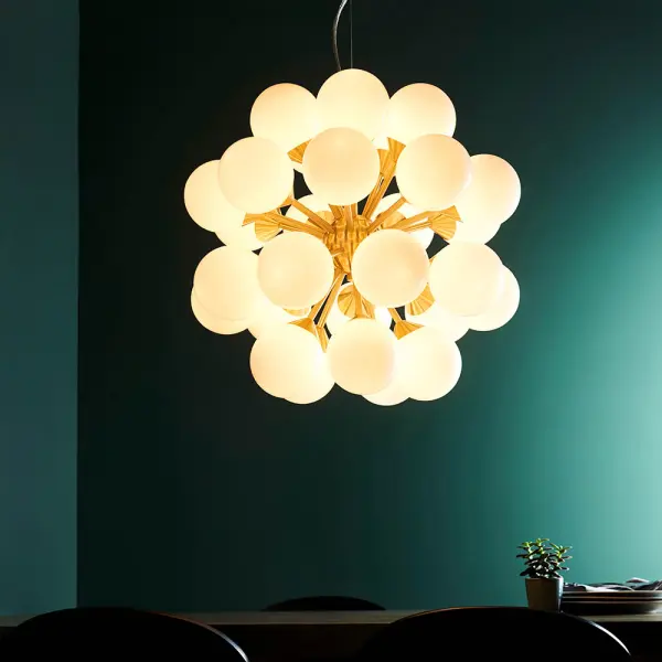 Oscar 28 Light Pendant in Brushed Brass with Gloss White Glass