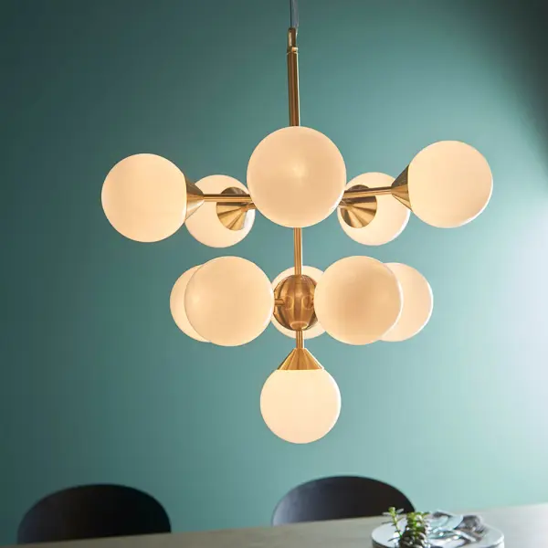 Oscar 11 Light Pendant in Brushed Brass with Gloss White Glass