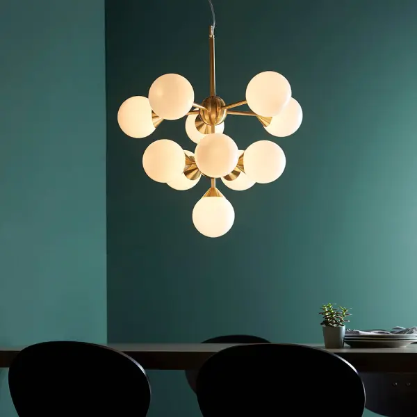 Oscar 11 Light Pendant in Brushed Brass with Gloss White Glass