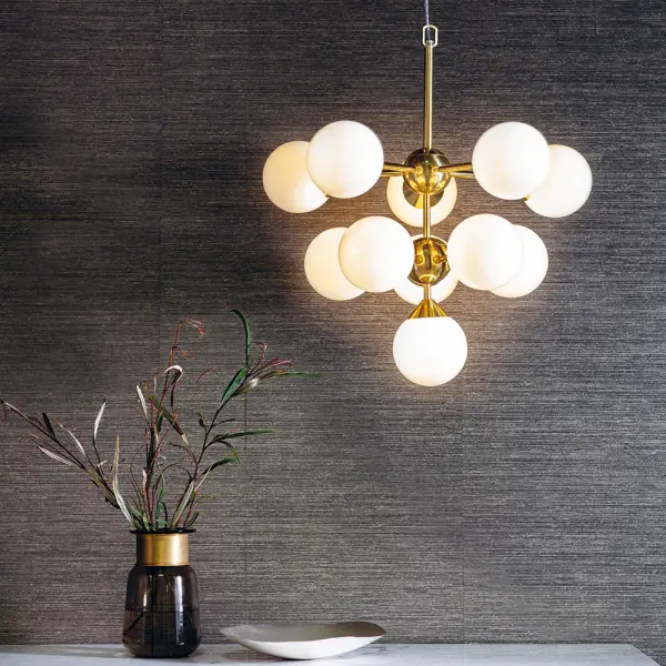 Oscar 11 Light Pendant in Brushed Brass with Gloss White Glass