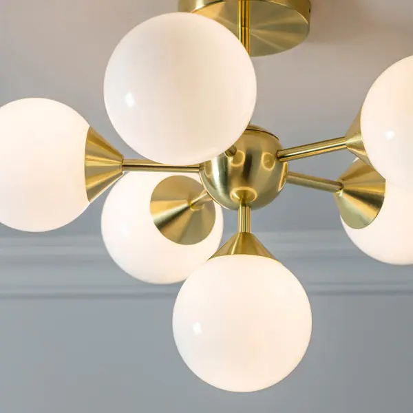 Oscar 6 Light Semi Flush in Brushed Brass with Gloss White Glass