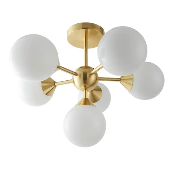 Oscar 6 Light Semi Flush in Brushed Brass with Gloss White Glass