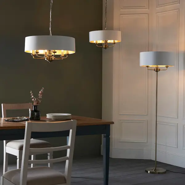 Highclere 3 Light Pendant in Antique Brass C/W White Shade