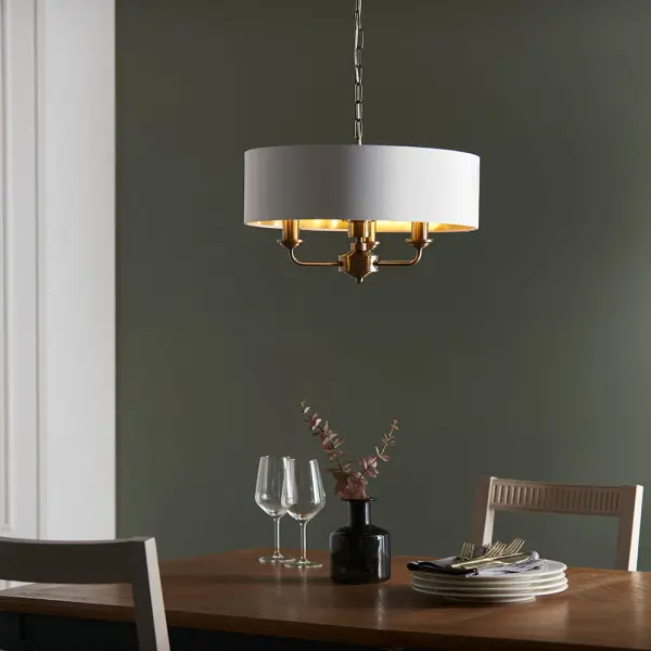 Highclere 3 Light Pendant in Antique Brass C/W White Shade
