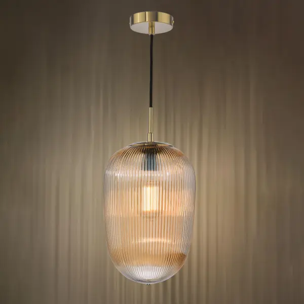 Abrielle Single Pendant in Bronze C/W Amber Ribbed Glass