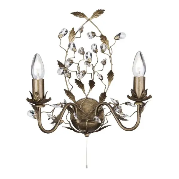 Almandite - 2 Light Wall Bracket, Brown Gold Finish With Leaf Dressing And Clear Crystal Deco