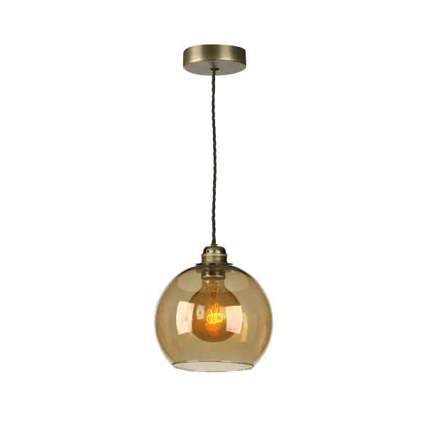 Apollo Single Antique Brass Pendant with Amber Glass Shade
