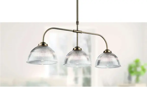 Ashford 3 Light Billiard Fitting in Antique Brass with Ribbed Glass