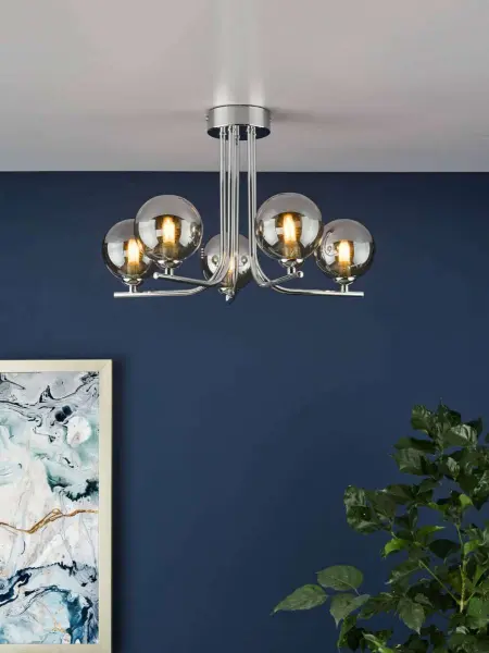 Cradle 5 Light Polished Chrome Semi Flush with Smoked Glass