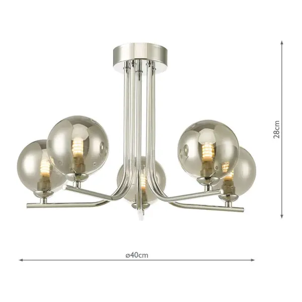 Cradle 5 Light Polished Chrome Semi Flush with Smoked Glass