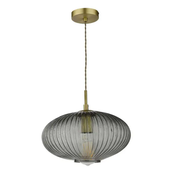 Edmond Single Pendant in Antique Brass & Smoked Ribbed Glass