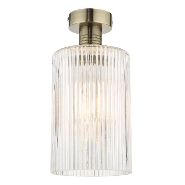 Emerson Antique Brass Semi Flush with Cylinder Ribbed Glass