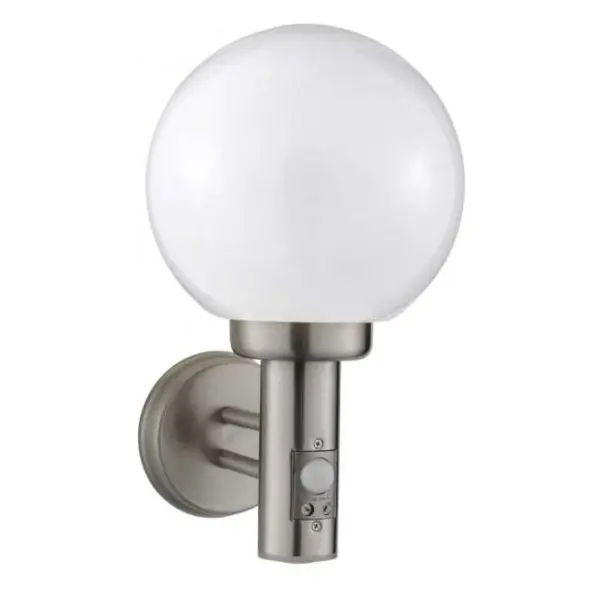 Globe Ip44 Satin Silver Outdoor Wall Light With Opal Glass Shade