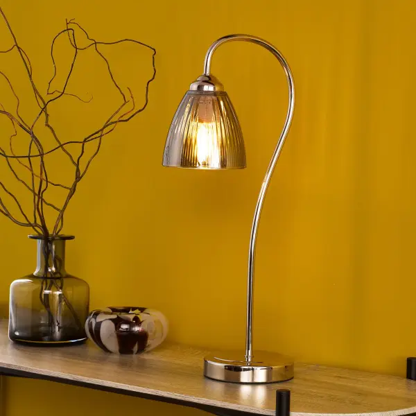 Glynis Polished Nickel Table Lamp with Smoked Ribbed Glass