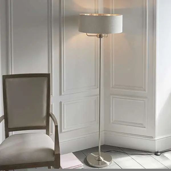 Highclere 3 Light Floor Lamp in Brushed Chrome C/W Natural Shade